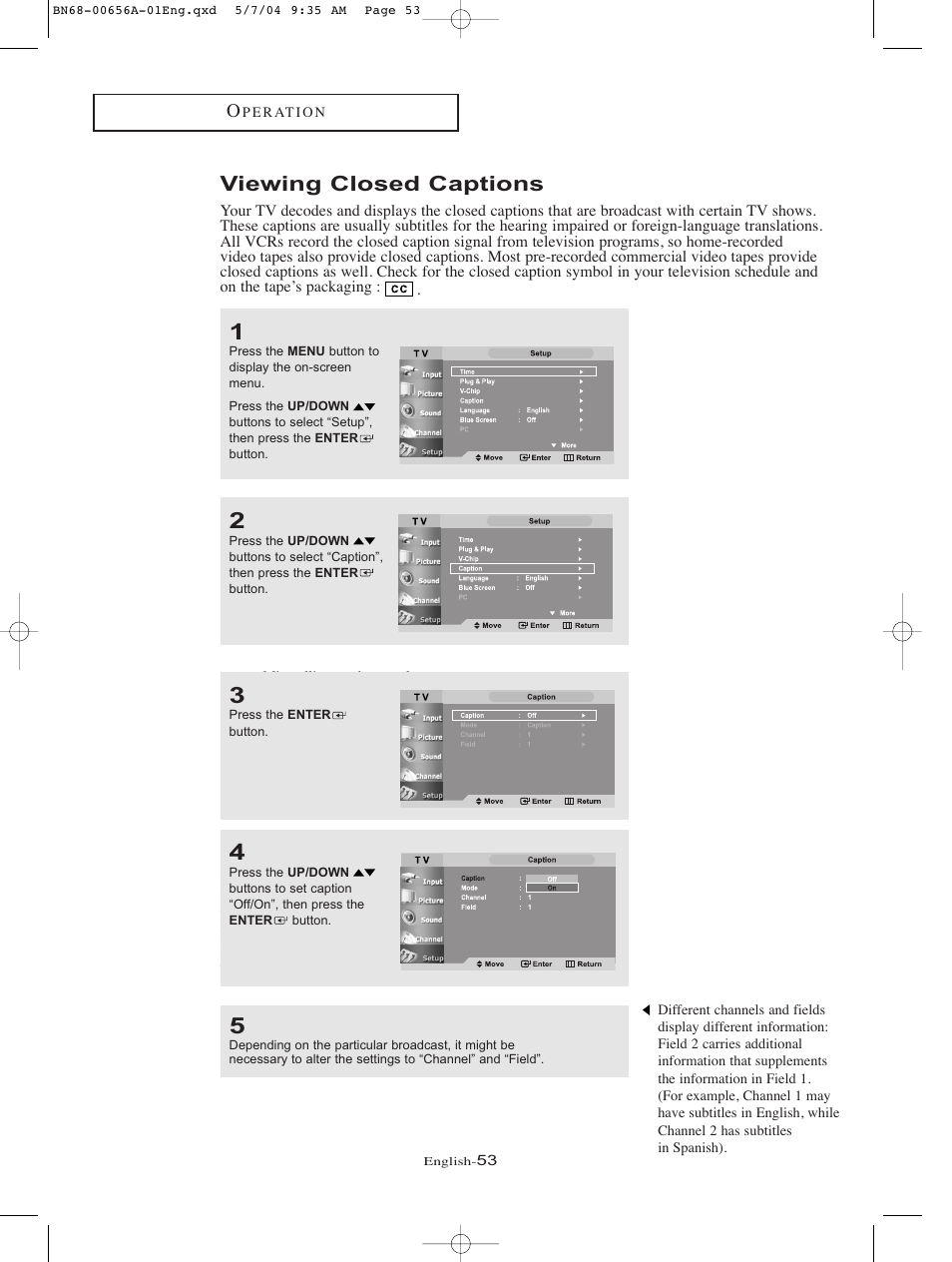 Viewing closed captions | Samsung LTP266WX-XAA User Manual | Page 56 / 77