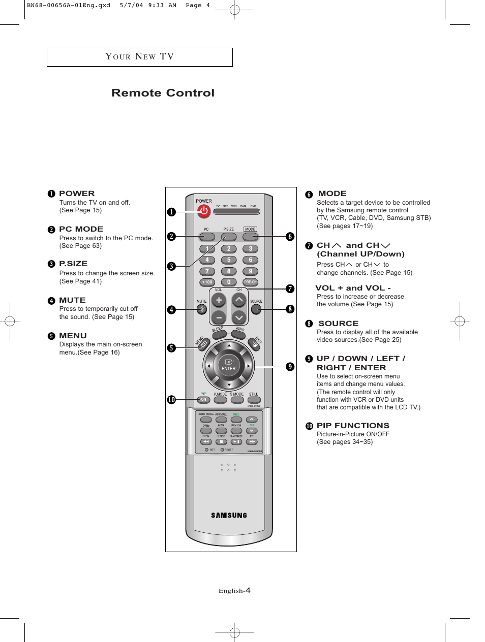 Remote control | Samsung LTP266WX-XAA User Manual | Page 7 / 77