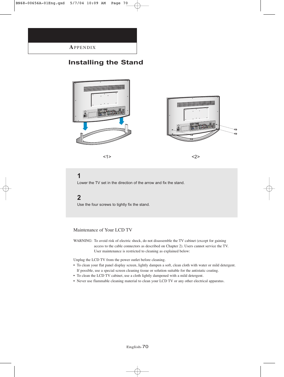 Appendix, Installing the stand | Samsung LTP266WX-XAA User Manual | Page 73 / 77