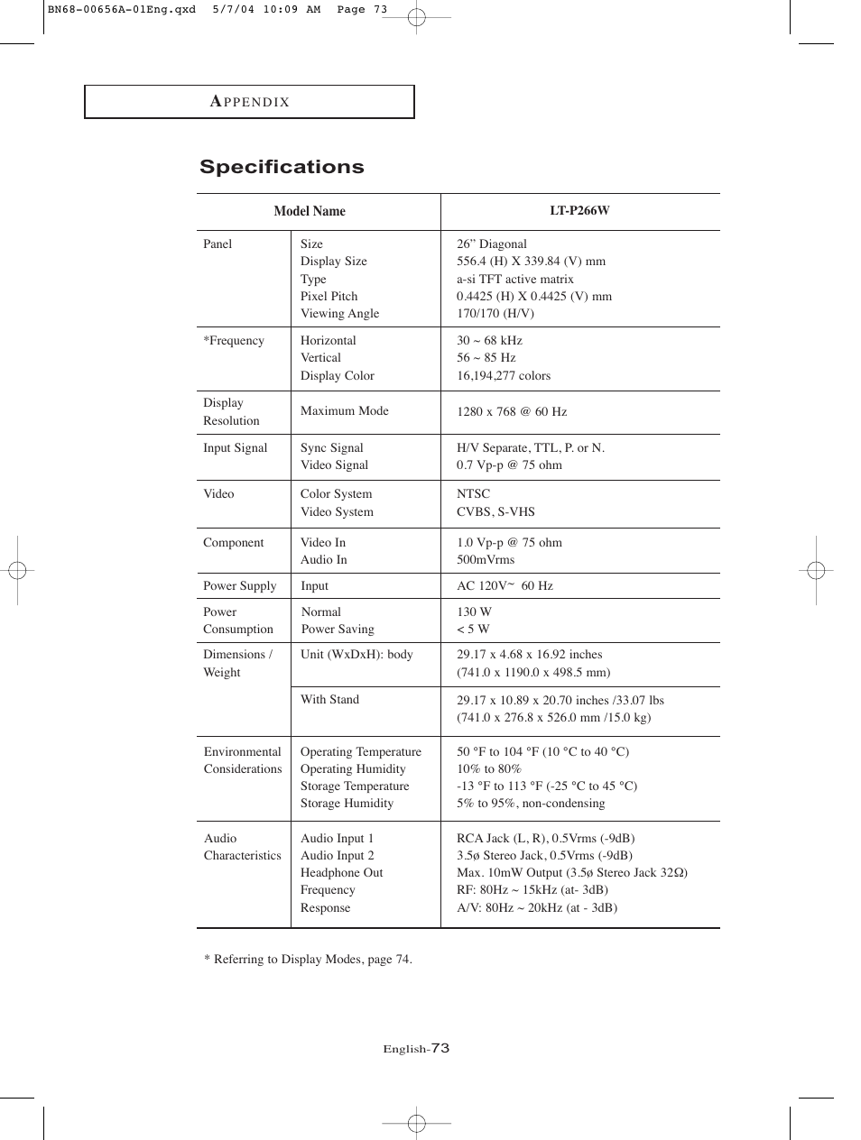 Specifications | Samsung LTP266WX-XAA User Manual | Page 76 / 77