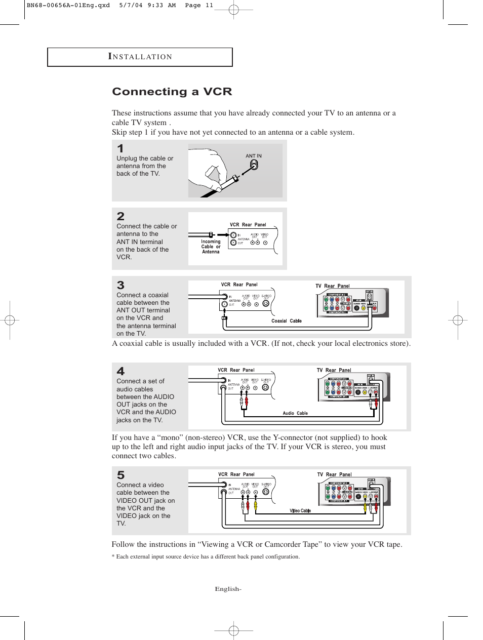 Connecting a vcr | Samsung LTP266WX-XAC User Manual | Page 2 / 5