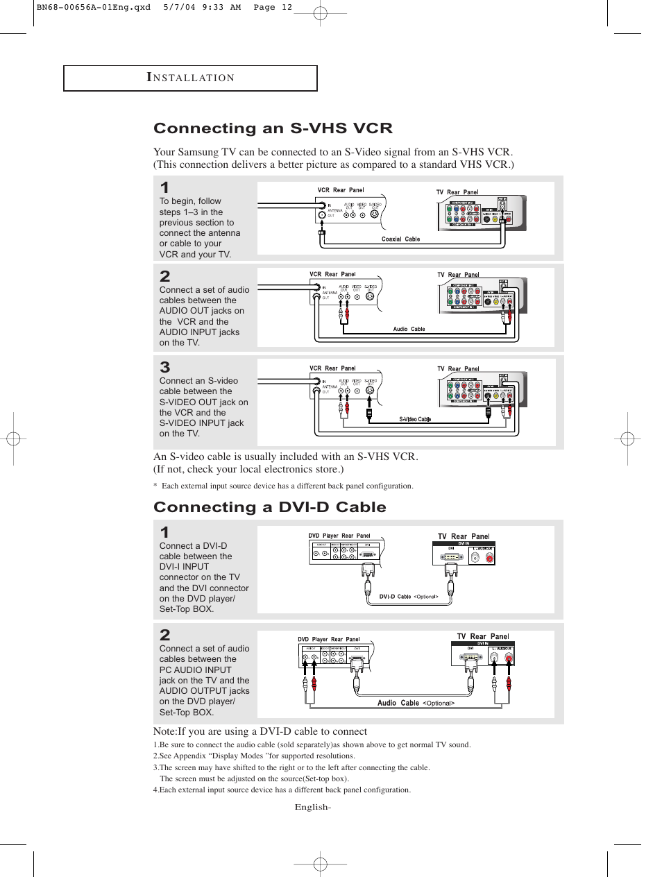 Connecting an s-vhs vcr, Connecting a dvi-d cable | Samsung LTP266WX-XAC User Manual | Page 3 / 5