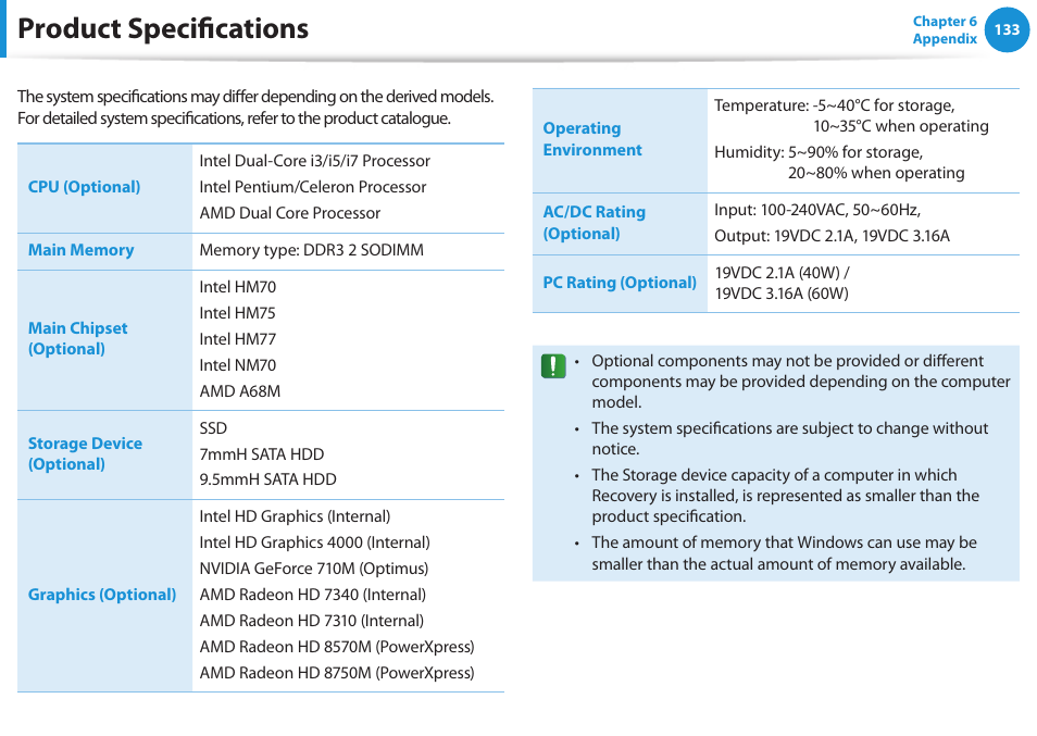 Product specifications | Samsung NP300E5E-A01US User Manual | Page 134 / 140