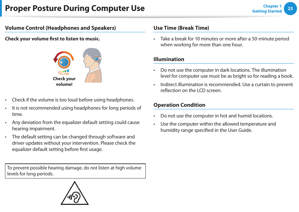 Proper posture during computer use | Samsung NP300E5E-A01US User Manual | Page 24 / 140