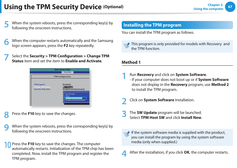 Using the tpm security device | Samsung NP300E5E-A01US User Manual | Page 68 / 140