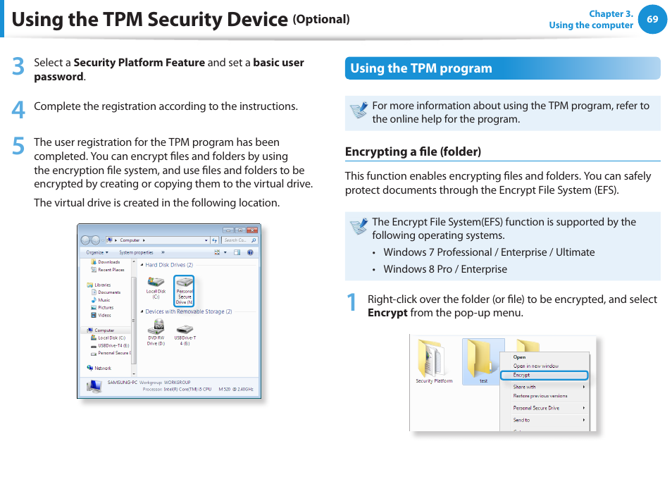 Using the tpm security device | Samsung NP300E5E-A01US User Manual | Page 70 / 140