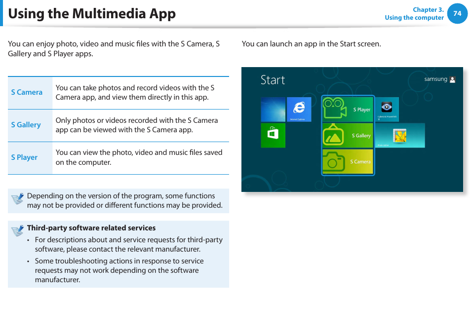 Using the multimedia app | Samsung NP300E5E-A01US User Manual | Page 75 / 140