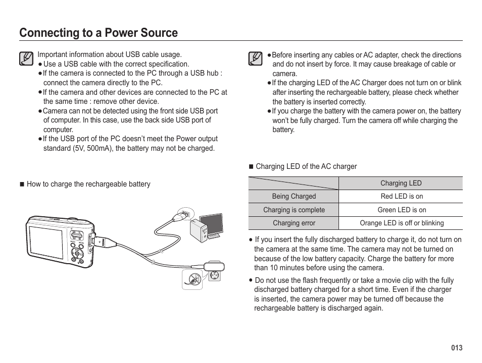 Connecting to a power source | Samsung EC-SL600ZBPBUS User Manual | Page 14 / 98