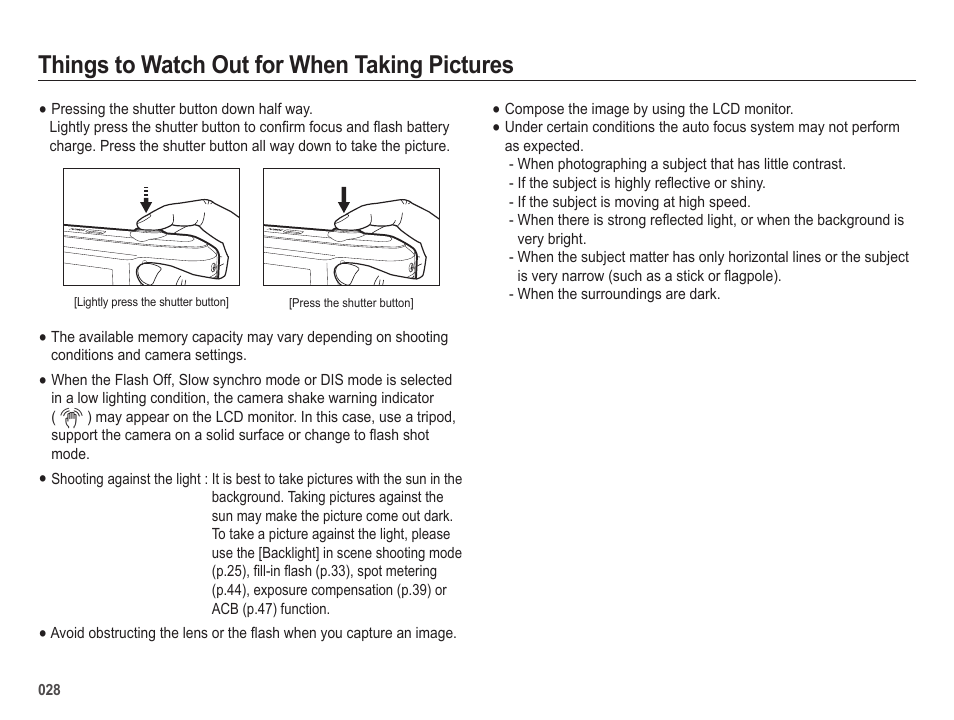 Things to watch out for when taking pictures | Samsung EC-SL600ZBPBUS User Manual | Page 29 / 98