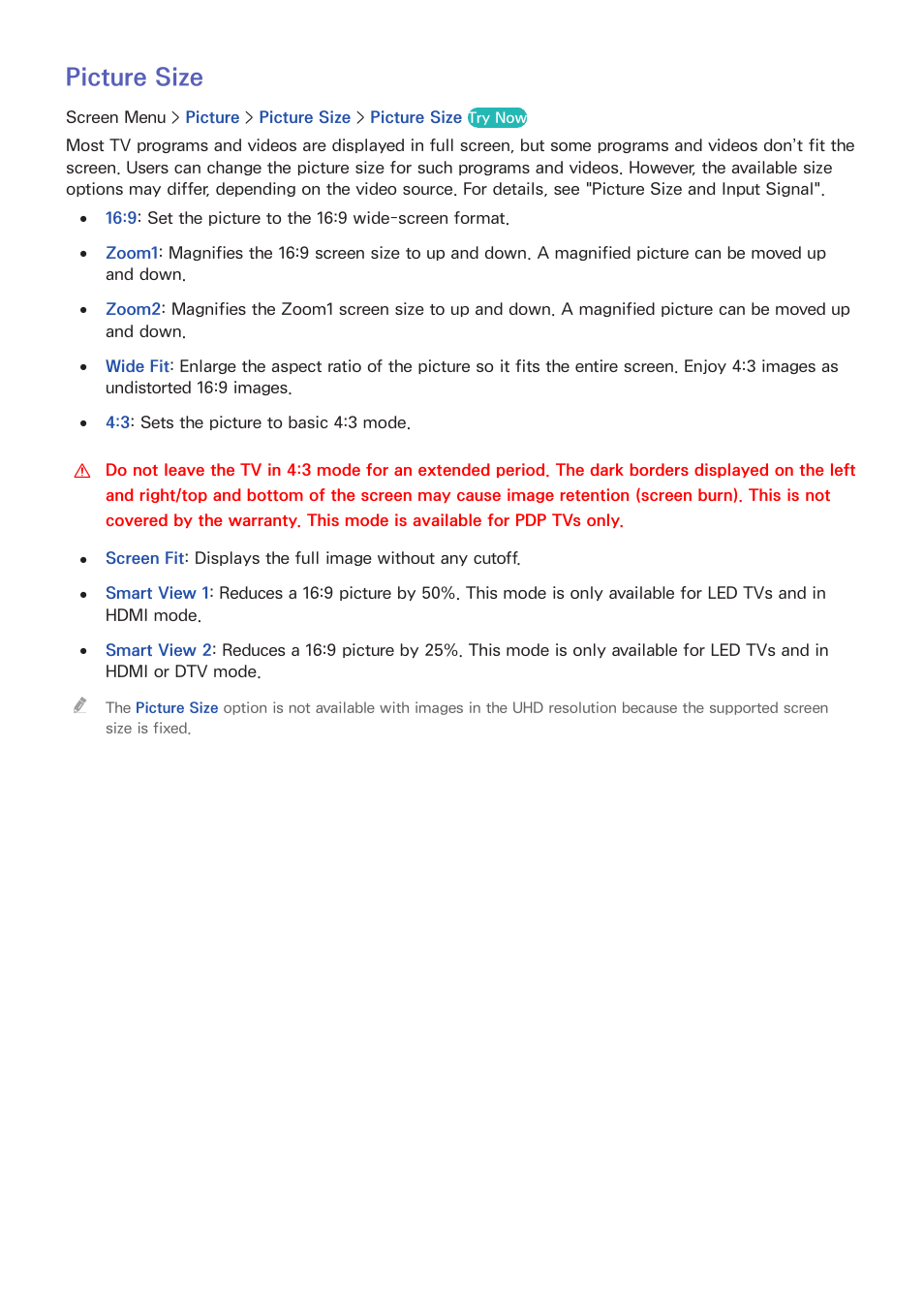 96 picture size, Picture size | Samsung UN85S9VFXZA User Manual | Page 103 / 193