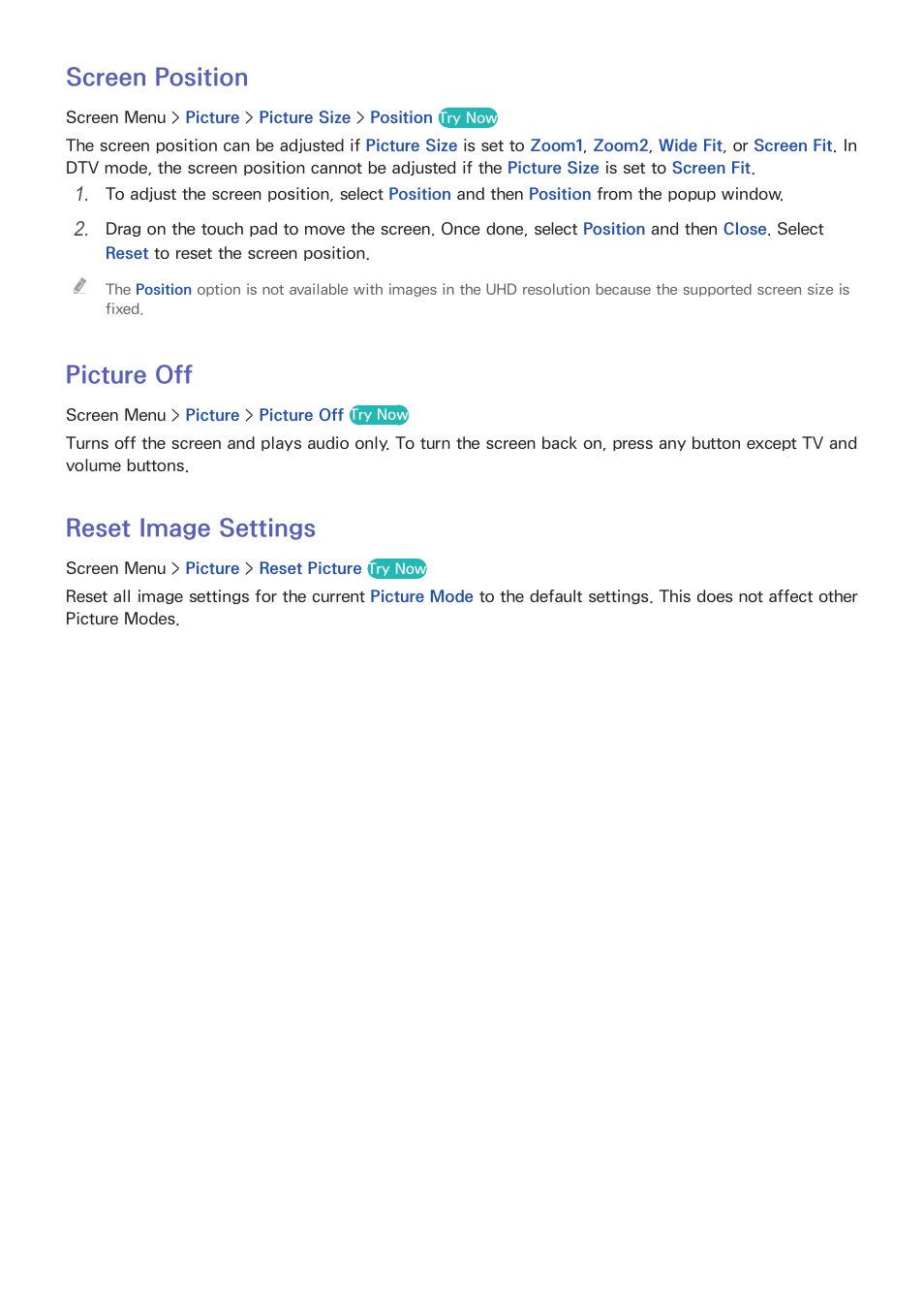 97 screen position, 97 picture off, 97 reset image settings | Screen position, Picture off, Reset image settings | Samsung UN85S9VFXZA User Manual | Page 104 / 193