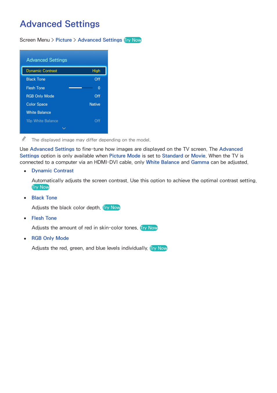 Advanced settings | Samsung UN85S9VFXZA User Manual | Page 105 / 193