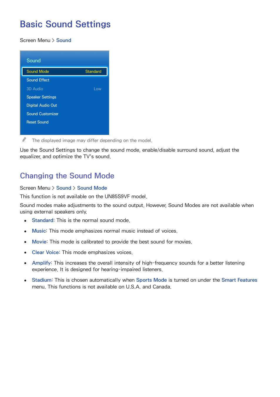 Basic sound settings, 102 changing the sound mode, Changing the sound mode | Samsung UN85S9VFXZA User Manual | Page 109 / 193