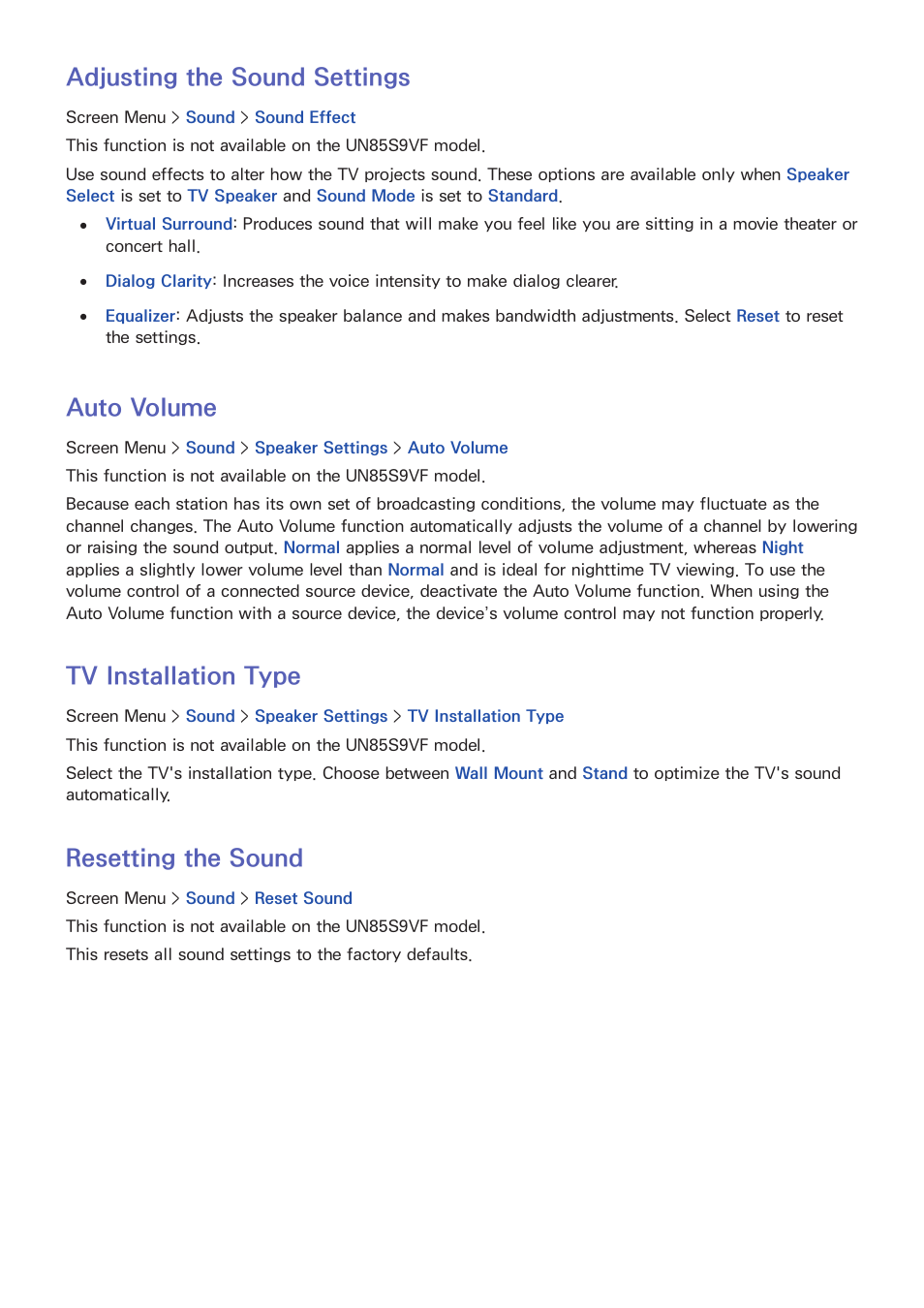 103 adjusting the sound settings, 103 auto volume, 103 tv installation type | 103 resetting the sound, Adjusting the sound settings, Auto volume, Tv installation type, Resetting the sound | Samsung UN85S9VFXZA User Manual | Page 110 / 193