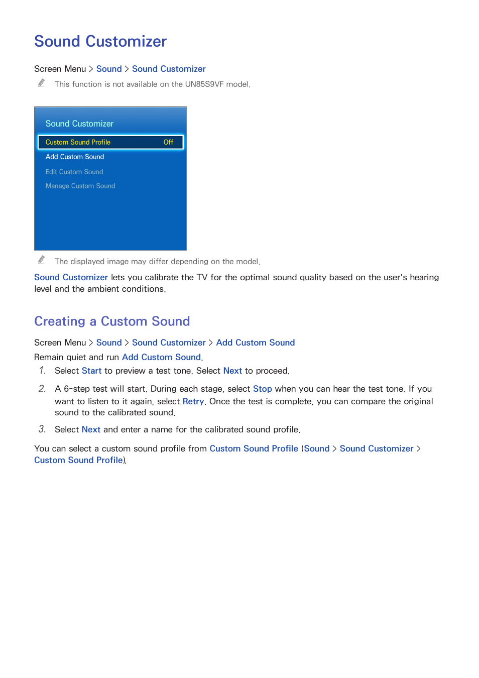 Sound customizer, 104 creating a custom sound, Creating a custom sound | Samsung UN85S9VFXZA User Manual | Page 111 / 193