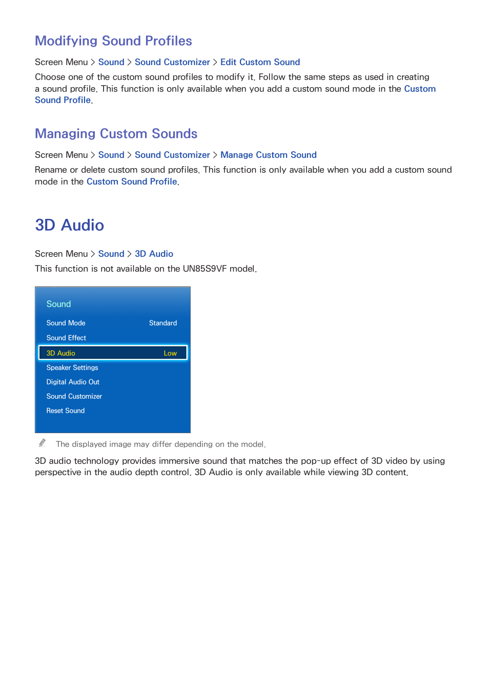 105 modifying sound profiles, 105 managing custom sounds, 3d audio | Modifying sound profiles, Managing custom sounds | Samsung UN85S9VFXZA User Manual | Page 112 / 193