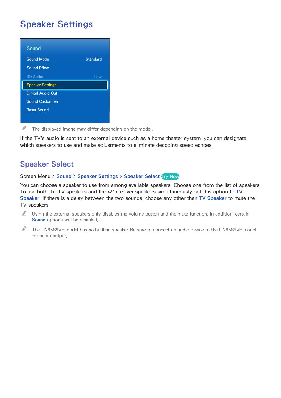 Speaker settings, 106 speaker select, Speaker select | Samsung UN85S9VFXZA User Manual | Page 113 / 193