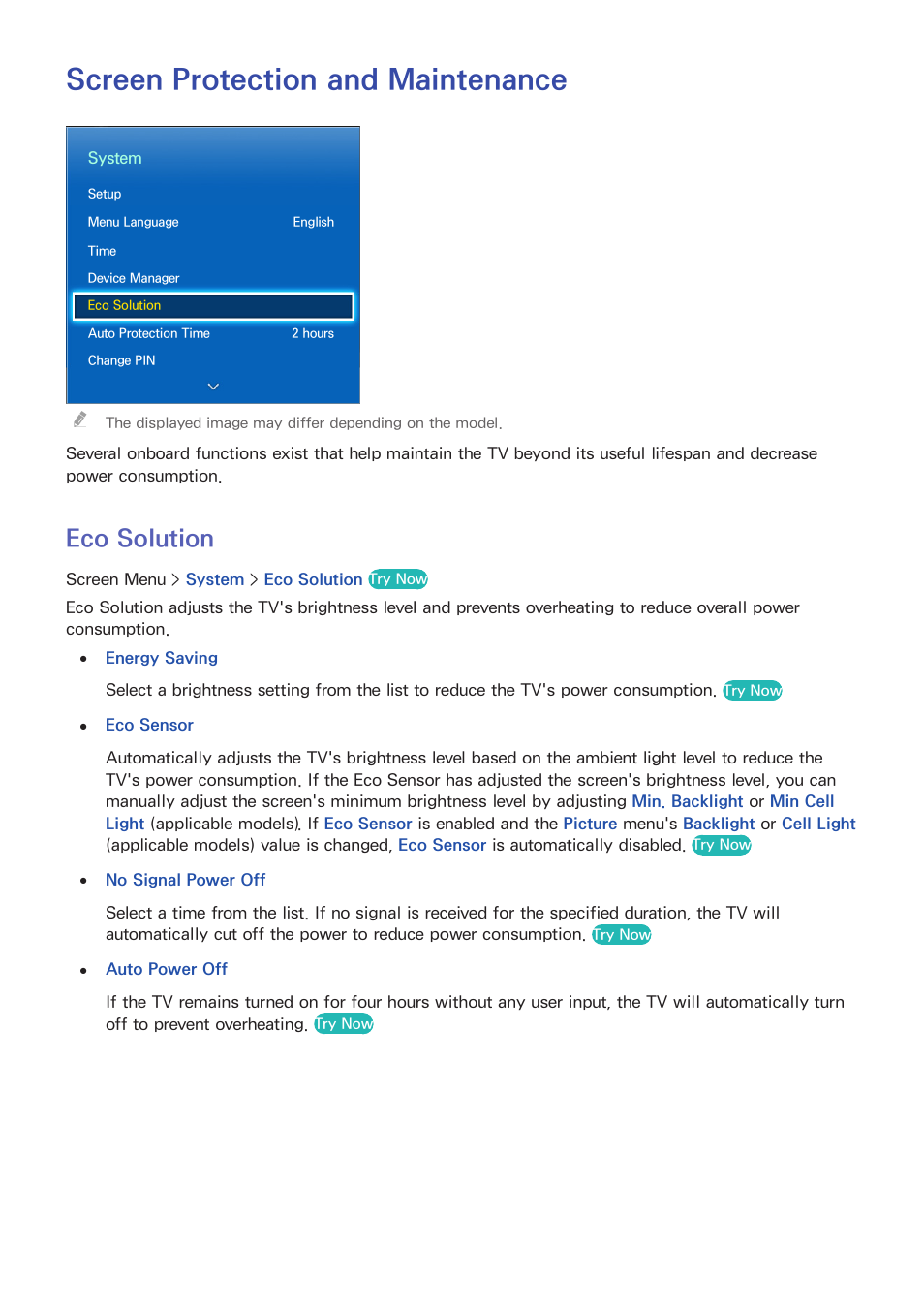 Screen protection and maintenance, 111 eco solution, Eco solution | Samsung UN85S9VFXZA User Manual | Page 118 / 193