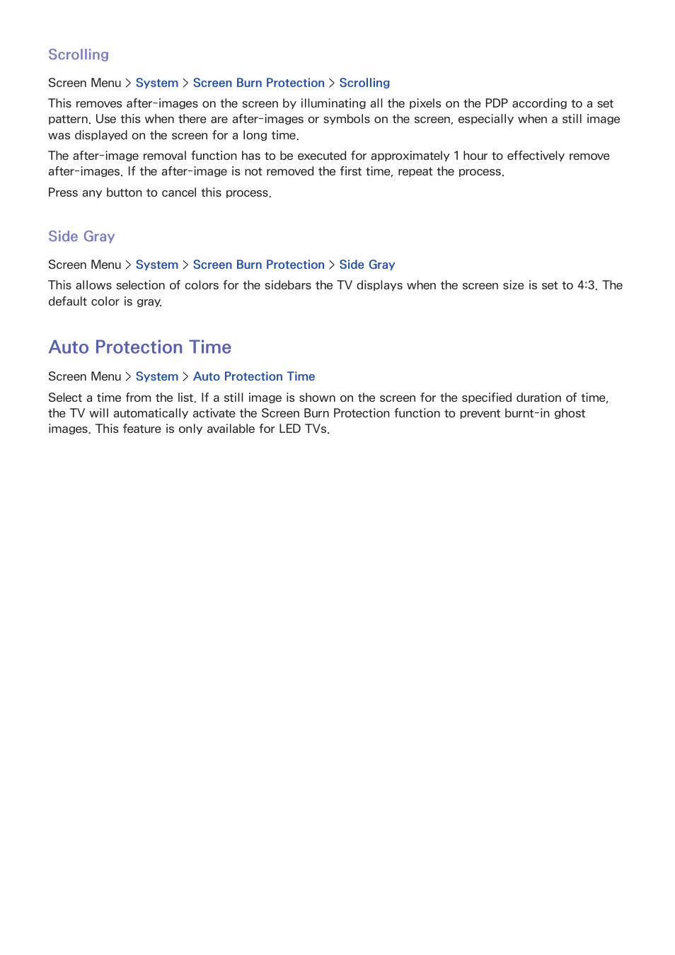 113 scrolling, 113 side gray, 113 auto protection time | Auto protection time | Samsung UN85S9VFXZA User Manual | Page 120 / 193
