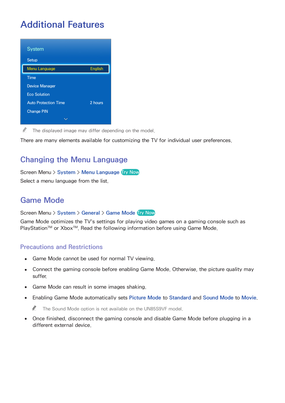 Additional features, 115 changing the menu language, 115 game mode | 115 precautions and restrictions, Changing the menu language, Game mode, Precautions and restrictions | Samsung UN85S9VFXZA User Manual | Page 122 / 193