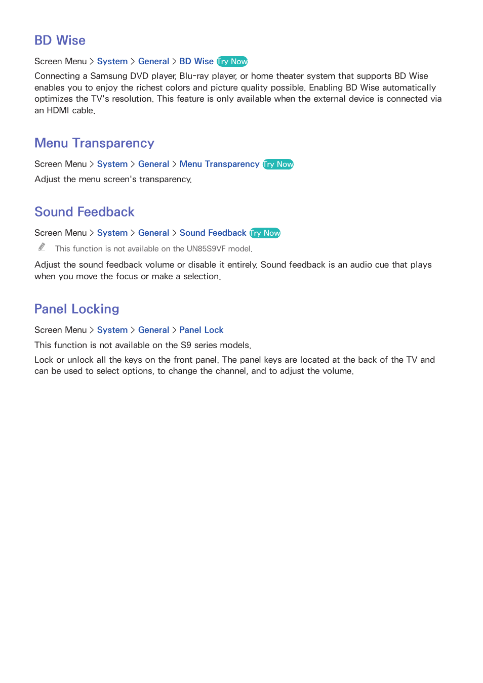 116 bd wise, 116 menu transparency, 116 sound feedback | 116 panel locking, Bd wise, Menu transparency, Sound feedback, Panel locking | Samsung UN85S9VFXZA User Manual | Page 123 / 193