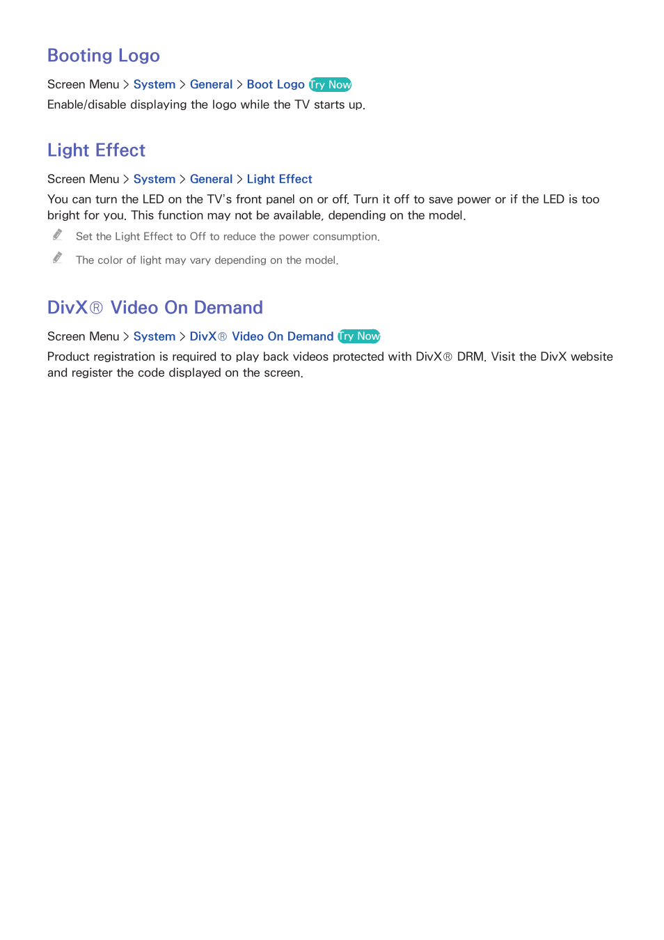 117 booting logo, 117 light effect, 117 divx® video on demand | Booting logo, Light effect, Divx® video on demand | Samsung UN85S9VFXZA User Manual | Page 124 / 193