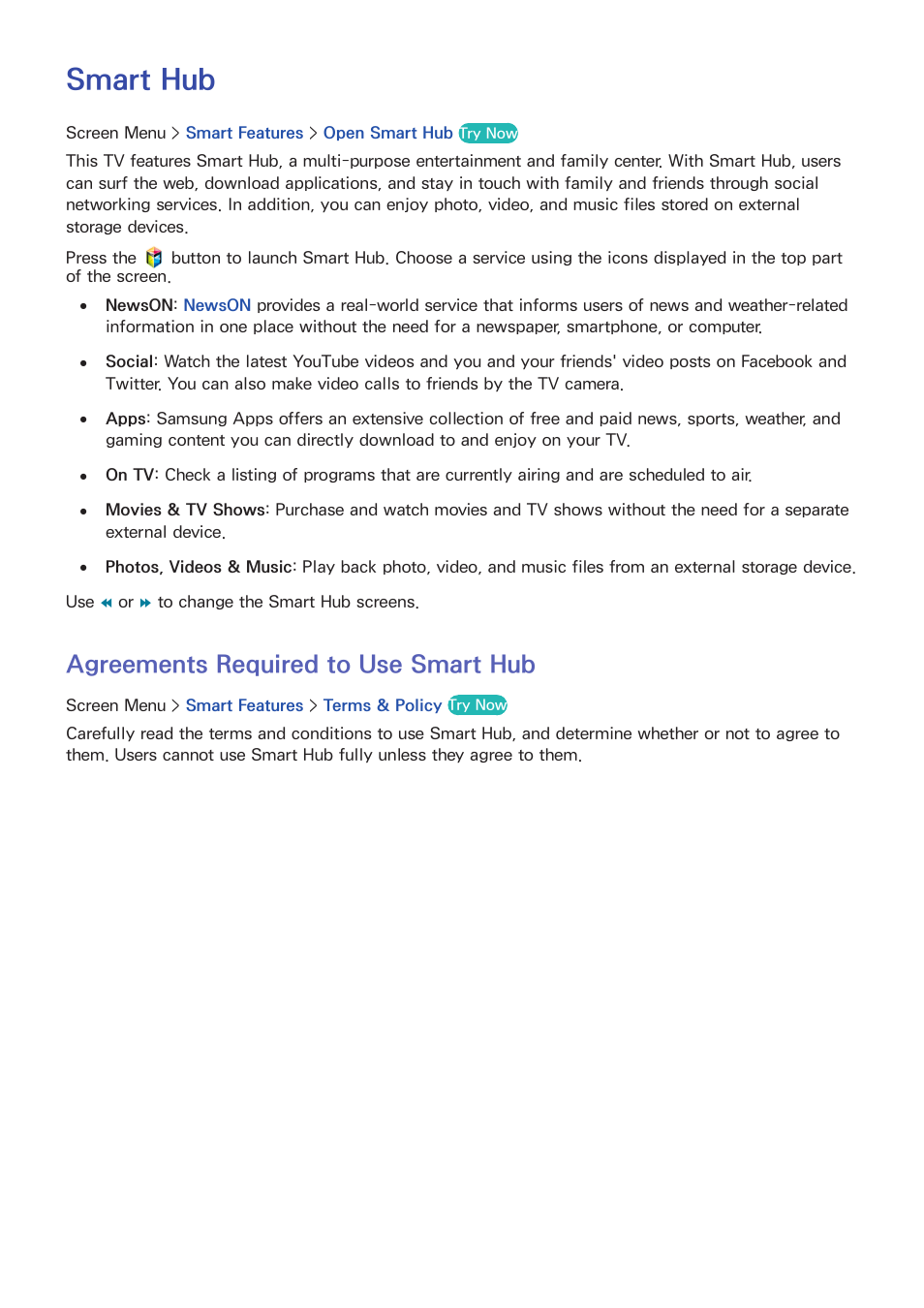 Smart tv features, Smart hub, 118 agreements required to use smart hub | Agreements required to use smart hub | Samsung UN85S9VFXZA User Manual | Page 125 / 193