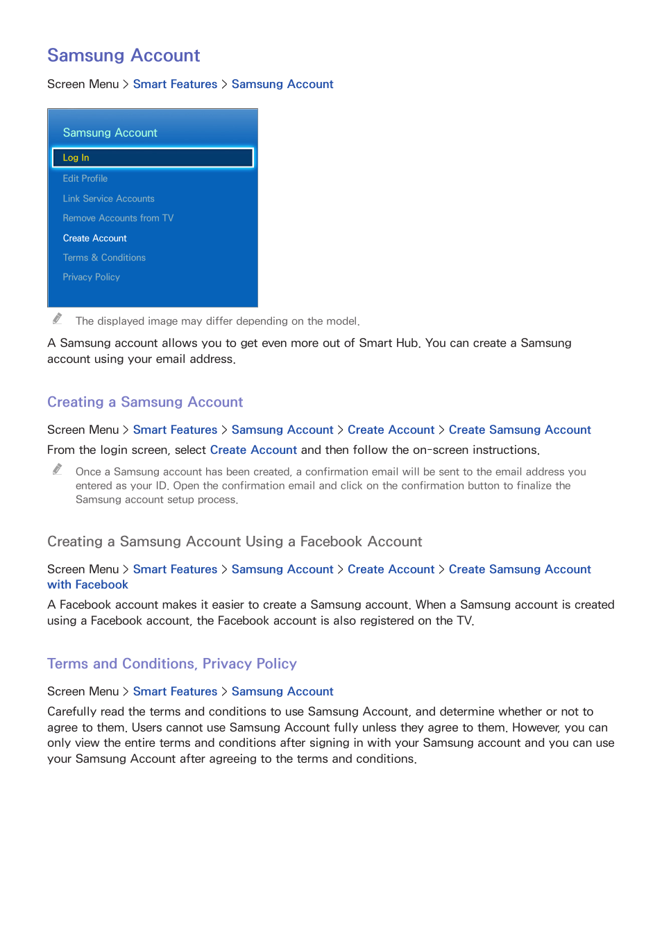 119 samsung account, 119 creating a samsung account, 119 terms and conditions, privacy policy | Samsung account | Samsung UN85S9VFXZA User Manual | Page 126 / 193