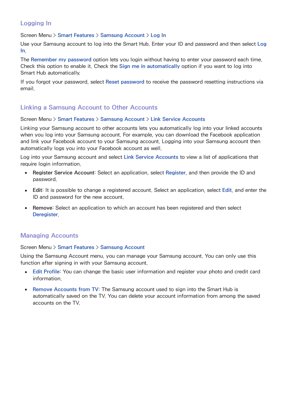 120 logging in, 120 linking a samsung account to other accounts, 120 managing accounts | Samsung UN85S9VFXZA User Manual | Page 127 / 193