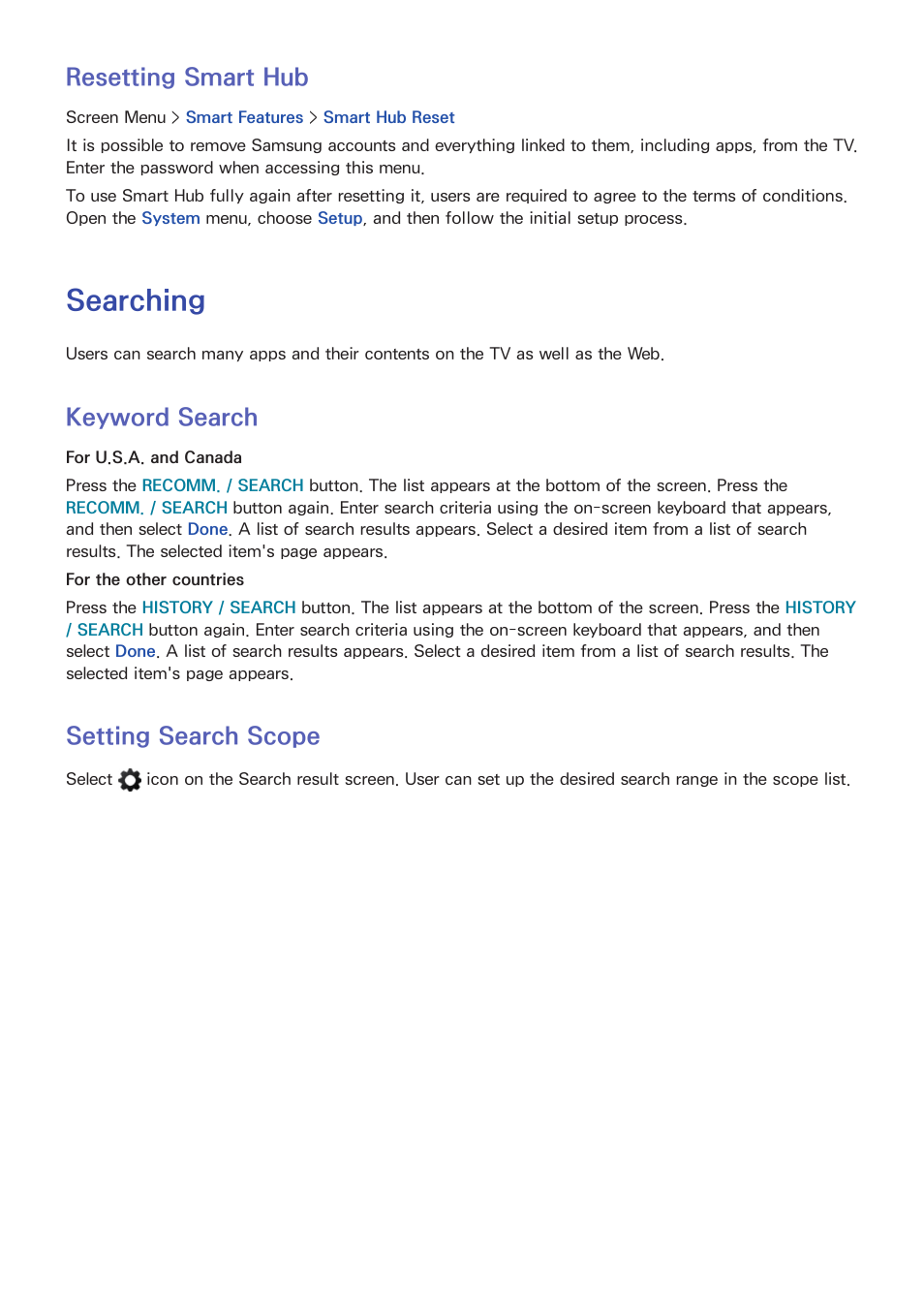 121 resetting smart hub, Searching, 121 keyword search | 121 setting search scope, Resetting smart hub, Keyword search, Setting search scope | Samsung UN85S9VFXZA User Manual | Page 128 / 193