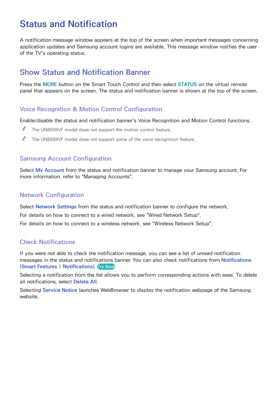 Status and notification, 122 show status and notification banner, 122 samsung account configuration | 122 network configuration, 122 check notifications, Show status and notification banner | Samsung UN85S9VFXZA User Manual | Page 129 / 193