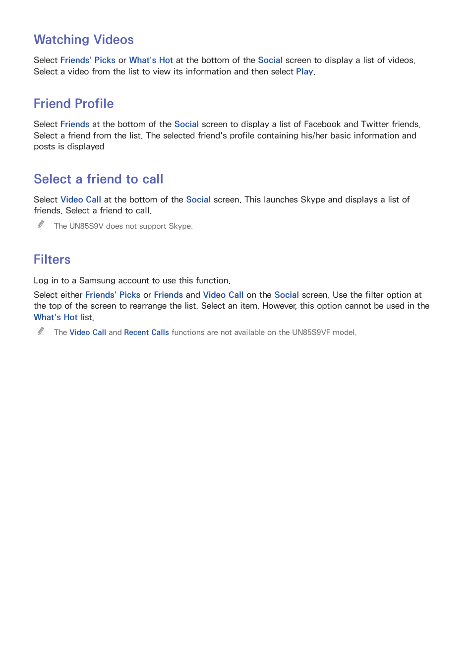 125 watching videos, 125 friend profile, 125 select a friend to call | 125 filters, Watching videos, Friend profile, Select a friend to call, Filters | Samsung UN85S9VFXZA User Manual | Page 132 / 193