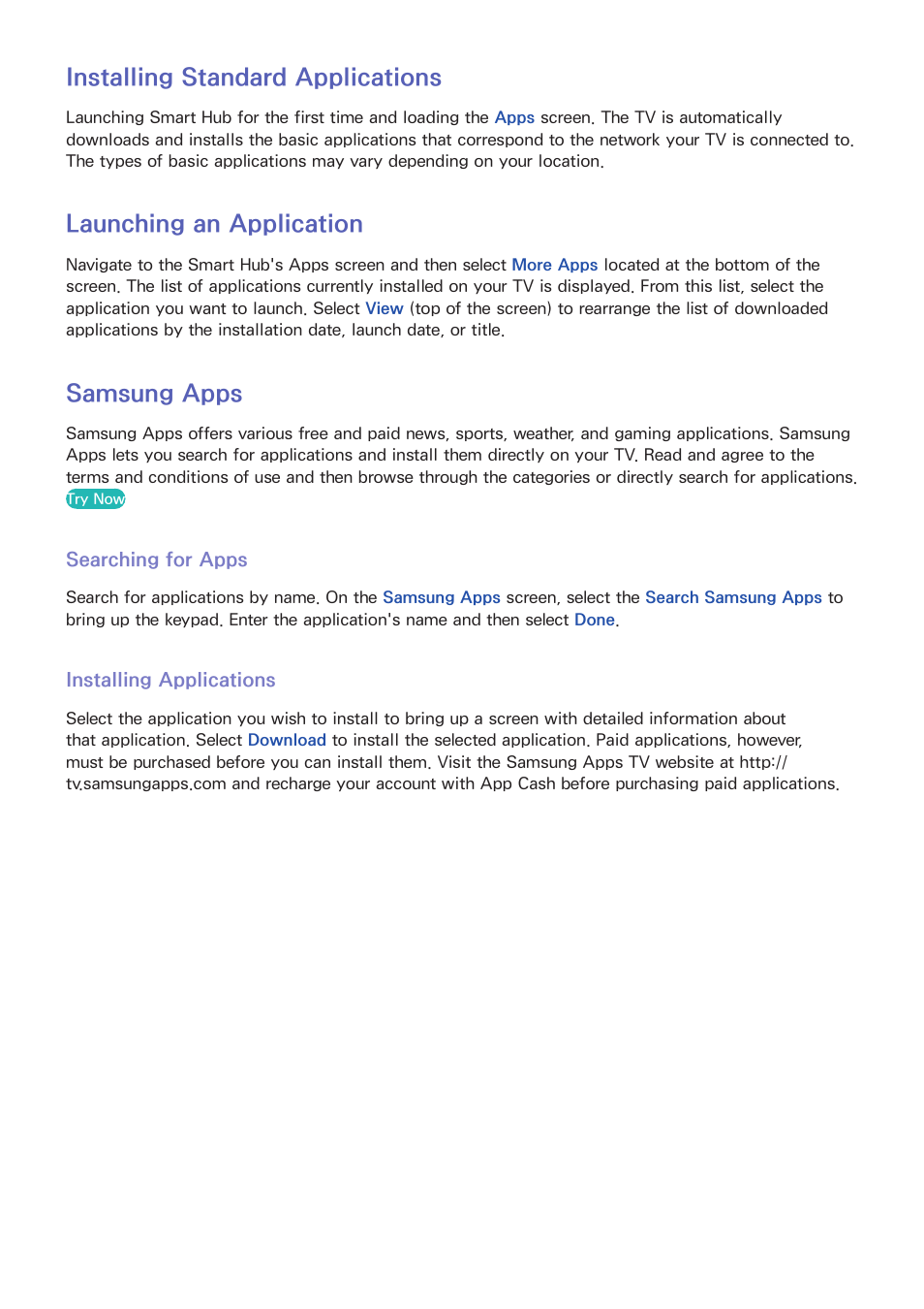 128 installing standard applications, 128 launching an application, 128 samsung apps | 128 searching for apps, 128 installing applications, Installing standard applications, Launching an application, Samsung apps | Samsung UN85S9VFXZA User Manual | Page 135 / 193