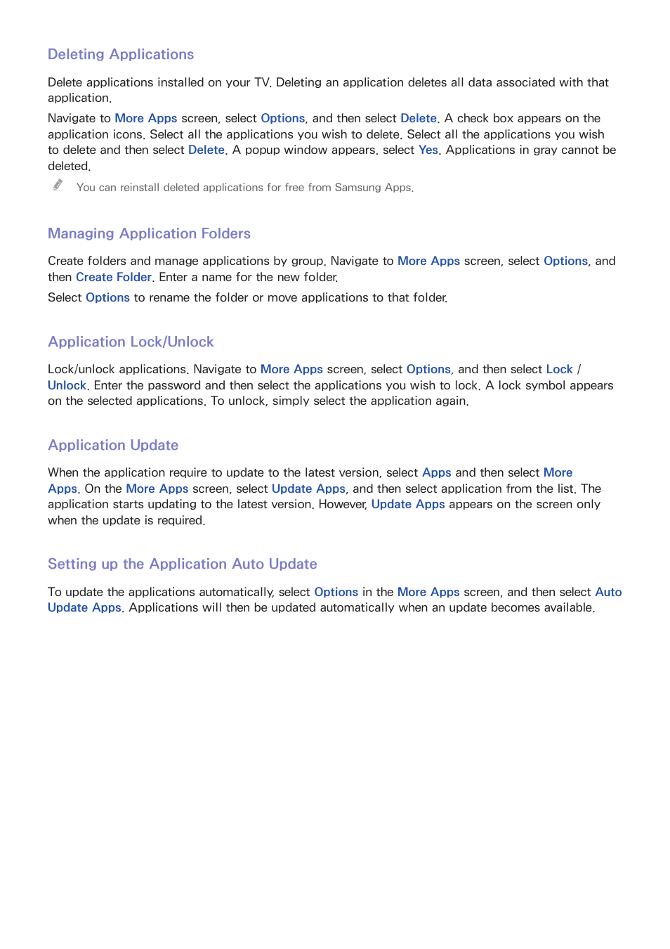 130 deleting applications, 130 managing application folders, 130 application lock/unlock | 130 application update, 130 setting up the application auto update | Samsung UN85S9VFXZA User Manual | Page 137 / 193