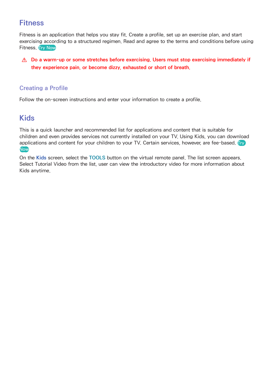 131 fitness, 131 creating a profile, 131 kids | Fitness, Kids | Samsung UN85S9VFXZA User Manual | Page 138 / 193