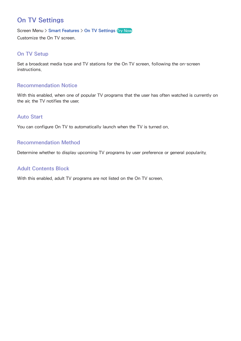 135 on tv settings, 135 on tv setup, 135 recommendation notice | 135 auto start, 135 recommendation method, 135 adult contents block, On tv settings | Samsung UN85S9VFXZA User Manual | Page 142 / 193