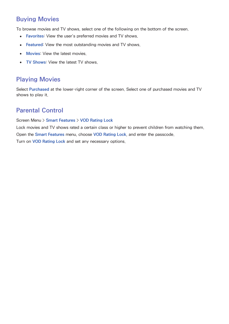138 buying movies, 138 playing movies, 138 parental control | Buying movies, Playing movies, Parental control | Samsung UN85S9VFXZA User Manual | Page 145 / 193