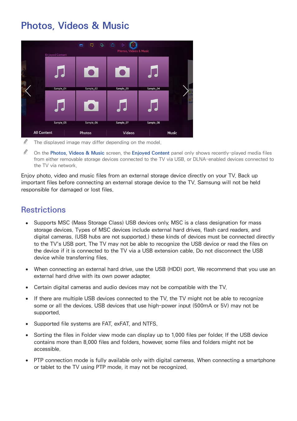 Photos, videos & music, 139 restrictions, Restrictions | Samsung UN85S9VFXZA User Manual | Page 146 / 193