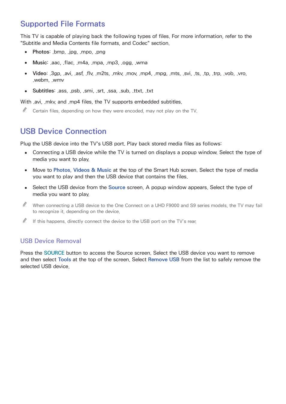 140 supported file formats, 140 usb device connection, 140 usb device removal | Supported file formats, Usb device connection | Samsung UN85S9VFXZA User Manual | Page 147 / 193