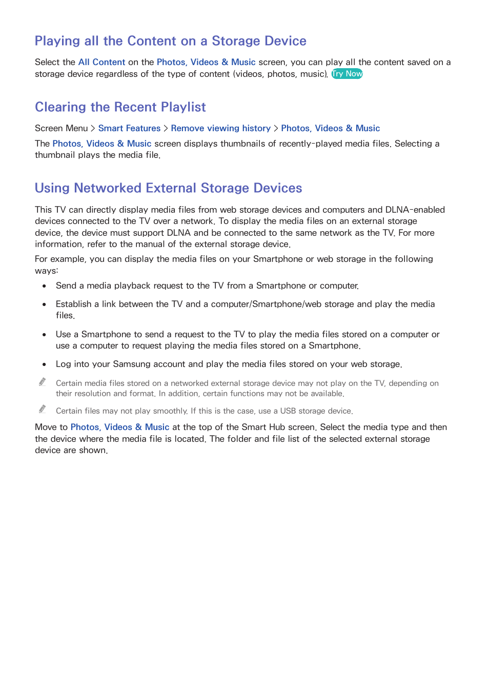 141 playing all the content on a storage device, 141 clearing the recent playlist, 141 using networked external storage devices | Playing all the content on a storage device, Clearing the recent playlist, Using networked external storage devices | Samsung UN85S9VFXZA User Manual | Page 148 / 193