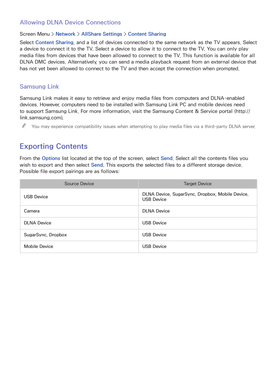 142 allowing dlna device connections, 142 samsung link, 142 exporting contents | Exporting contents | Samsung UN85S9VFXZA User Manual | Page 149 / 193