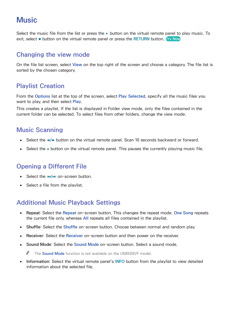 Music, 145 changing the view mode, 145 playlist creation | 145 music scanning, 145 opening a different file, 145 additional music playback settings, Changing the view mode, Playlist creation, Music scanning, Opening a different file | Samsung UN85S9VFXZA User Manual | Page 152 / 193