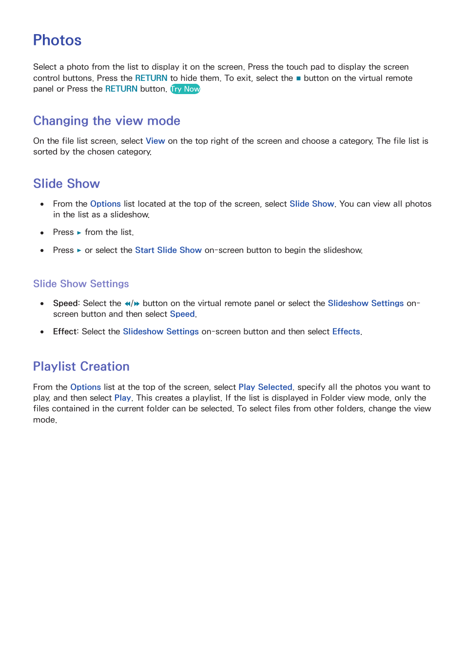 Photos, 146 changing the view mode, 146 slide show | 146 slide show settings, 146 playlist creation, Changing the view mode, Slide show, Playlist creation | Samsung UN85S9VFXZA User Manual | Page 153 / 193