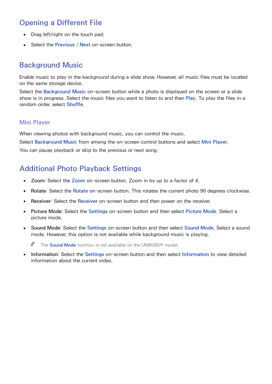 147 opening a different file, 147 background music, 147 mini player | 147 additional photo playback settings, Opening a different file, Background music, Additional photo playback settings | Samsung UN85S9VFXZA User Manual | Page 154 / 193