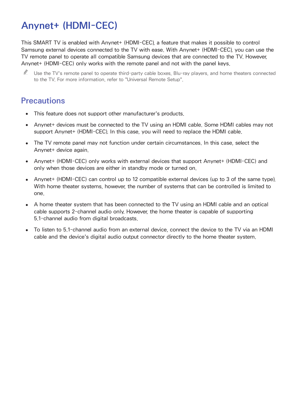Anynet+ (hdmi-cec), 148 precautions, Precautions | Samsung UN85S9VFXZA User Manual | Page 155 / 193