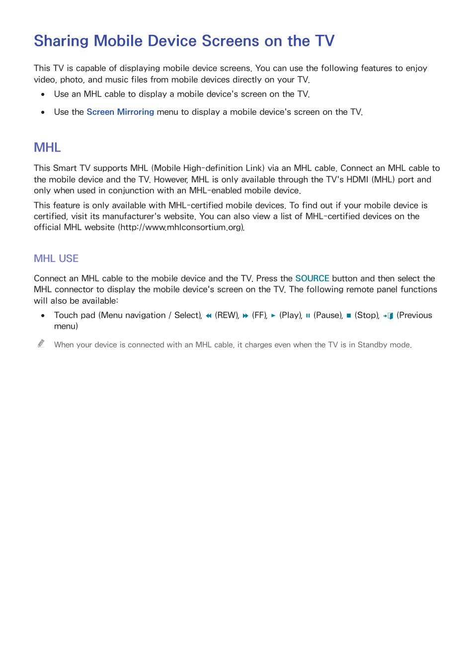Sharing mobile device screens on the tv, 151 mhl, 151 mhl use | Samsung UN85S9VFXZA User Manual | Page 158 / 193