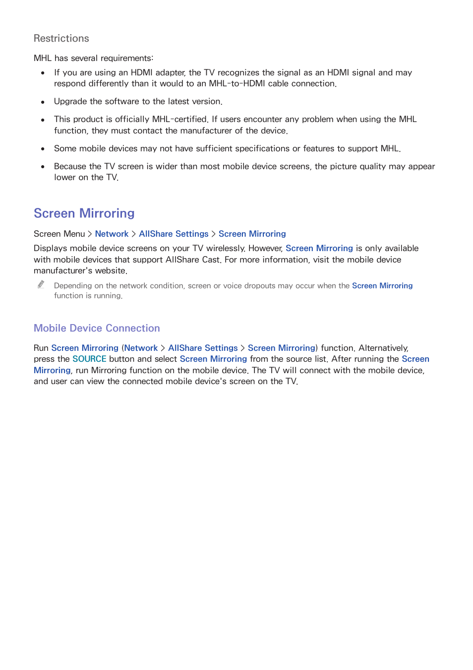 152 screen mirroring, 152 mobile device connection, Screen mirroring | Samsung UN85S9VFXZA User Manual | Page 159 / 193
