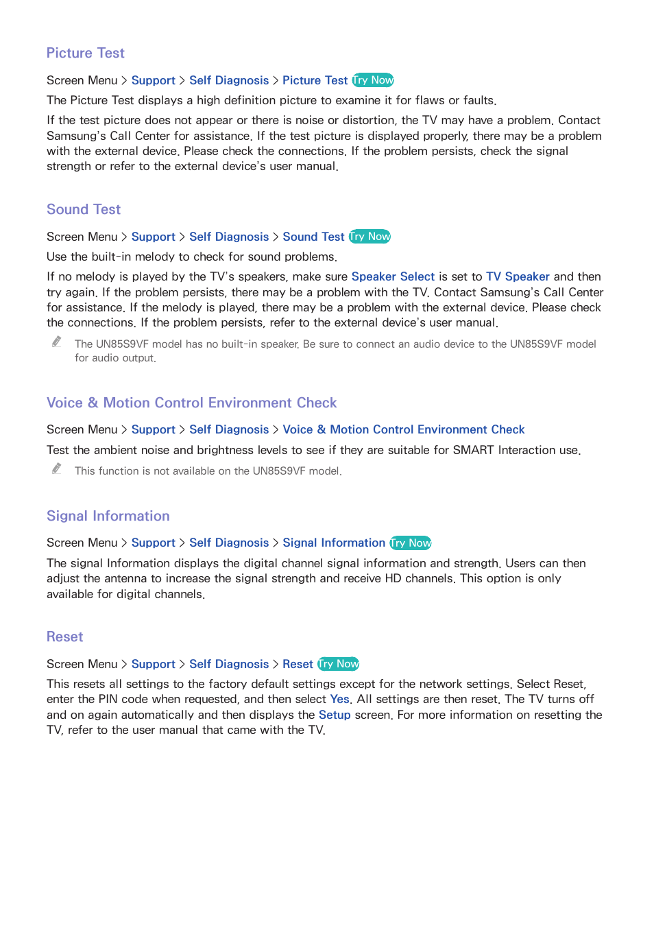 156 picture test, 156 sound test, 156 voice & motion control environment check | 156 signal information, 156 reset | Samsung UN85S9VFXZA User Manual | Page 163 / 193