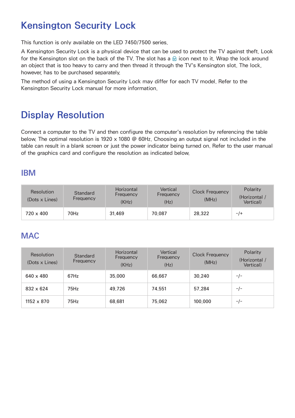 Kensington security lock, Display resolution, 159 ibm | 159 mac | Samsung UN85S9VFXZA User Manual | Page 166 / 193