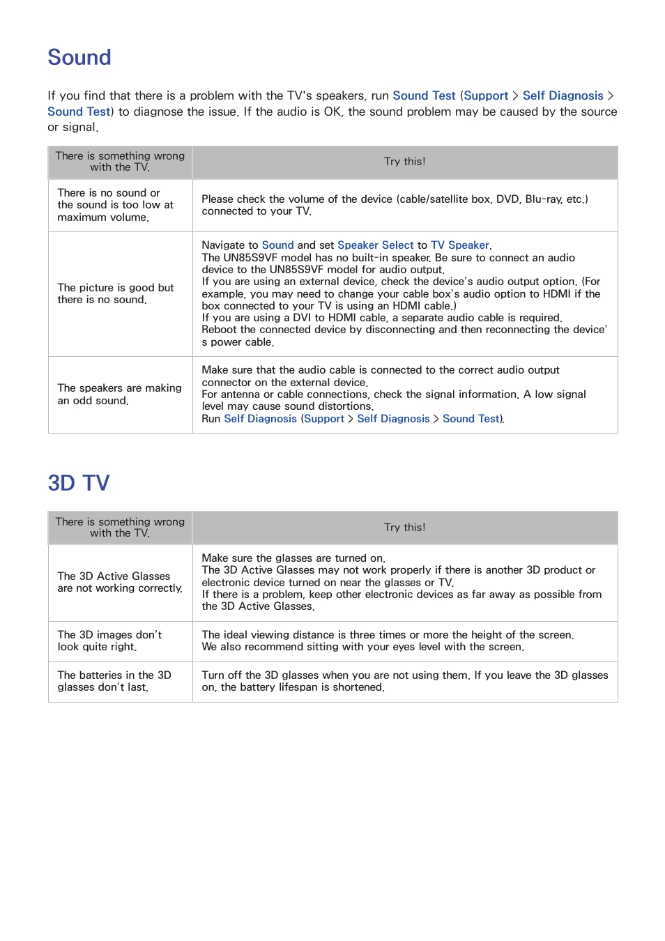Sound, 3d tv | Samsung UN85S9VFXZA User Manual | Page 182 / 193
